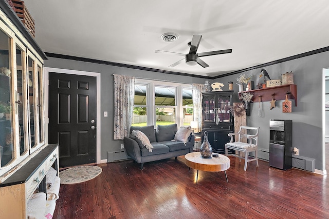 16527 S Ivy Ln, Plainfield, IL 60586 - living area featuring a ceiling fan, wood finished floors, crown molding, and baseboards