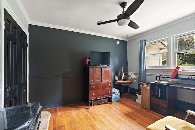 16527 S Ivy Ln, Plainfield, IL 60586 - office area featuring a ceiling fan, wood finished floors, ornamental molding, and baseboards