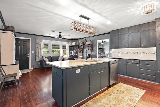 16527 S Ivy Ln, Plainfield, IL 60586 - kitchen featuring a sink, stainless steel dishwasher, ceiling fan, light countertops, and dark wood-type flooring