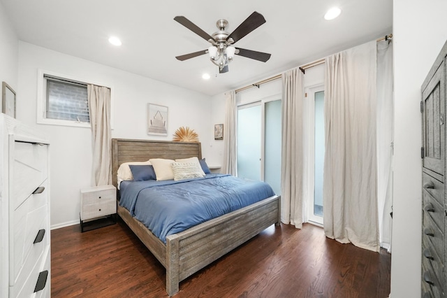 2023 W Rice St Unit 1E, Chicago, IL 60622 - bedroom featuring access to outside, recessed lighting, wood finished floors, ceiling fan, and baseboards