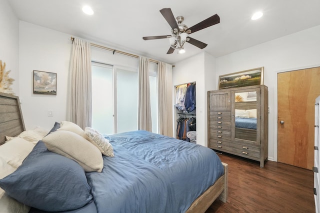 2023 W Rice St Unit 1E, Chicago, IL 60622 - bedroom with dark wood finished floors, recessed lighting, a ceiling fan, and a walk in closet