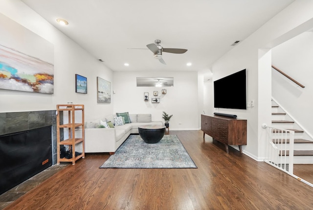 2023 W Rice St Unit 1E, Chicago, IL 60622 - living area featuring ceiling fan, wood finished floors, stairs, a fireplace, and recessed lighting