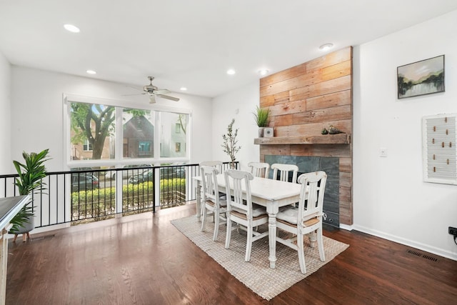 2023 W Rice St Unit 1E, Chicago, IL 60622 - dining space with ceiling fan, wood finished floors, recessed lighting, baseboards, and a fireplace
