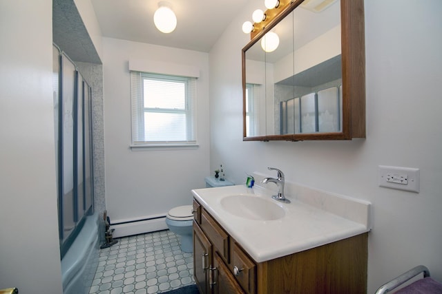 16028 Laramie Ave, Oak Forest, IL 60452 - full bath featuring a baseboard radiator, vanity, toilet, baseboards, and enclosed tub / shower combo