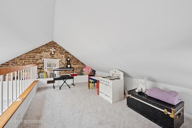 1636 N Cleveland Ave, Chicago, IL 60614 - playroom featuring carpet floors, lofted ceiling, and brick wall