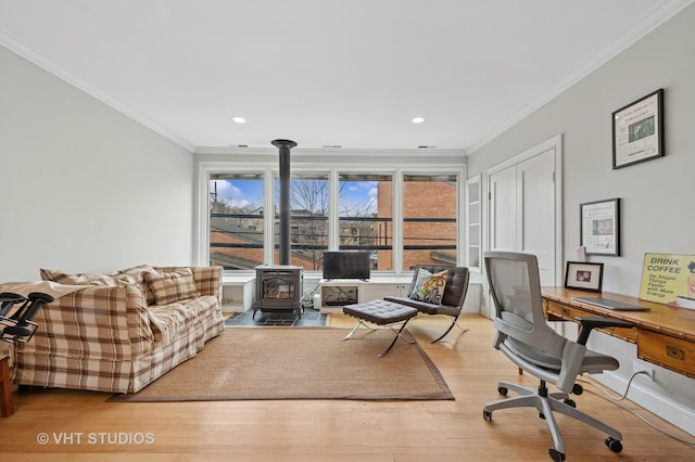 1636 N Cleveland Ave, Chicago, IL 60614 - office space with a wood stove, wood finished floors, ornamental molding, and recessed lighting