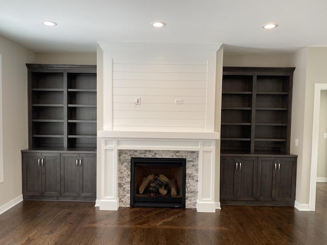 2019 Middleton Ave, Lisle, IL 60532 - unfurnished living room with a fireplace, dark wood-style floors, baseboards, and recessed lighting