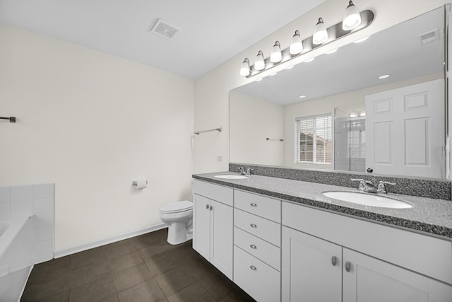 192 Owen St, Matteson, IL 60443 - full bathroom featuring double vanity, toilet, baseboards, a garden tub, and an enclosed shower