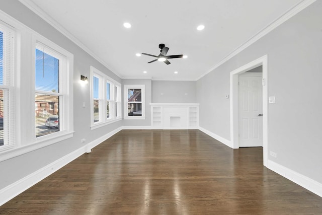 8429 S Ada St, Chicago, IL 60620 - unfurnished living room featuring ornamental molding, ceiling fan, dark wood-style flooring, recessed lighting, and baseboards