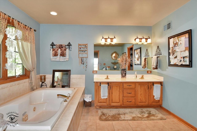 21048 Tall Grass Dr, Mokena, IL 60448 - bathroom featuring double vanity, a jetted tub, tile patterned floors, and recessed lighting