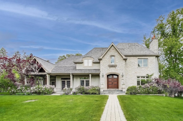 724 Becker Rd, Glenview, IL 60025 - french country home with a chimney, stone siding, a front yard, a high end roof, and a porch