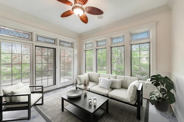 724 Becker Rd, Glenview, IL 60025 - sunroom / solarium featuring healthy amount of natural light, ornamental molding, french doors, and a wainscoted wall