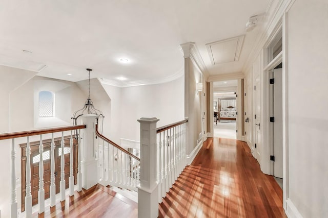 724 Becker Rd, Glenview, IL 60025 - corridor with attic access, an upstairs landing, wood finished floors, crown molding, and recessed lighting