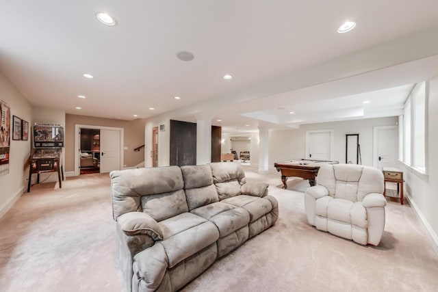 724 Becker Rd, Glenview, IL 60025 - living area with light colored carpet, billiards, recessed lighting, baseboards, and decorative columns