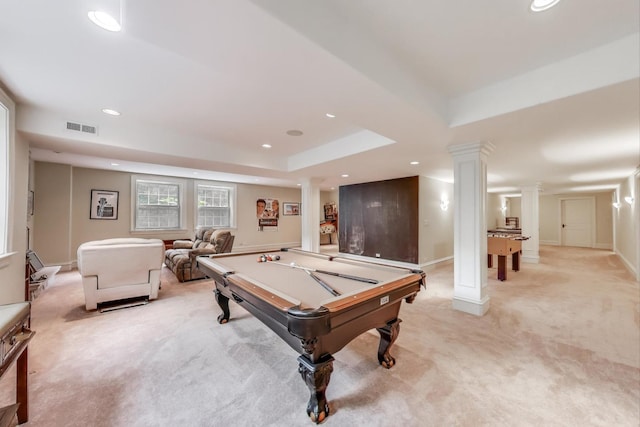 724 Becker Rd, Glenview, IL 60025 - recreation room featuring decorative columns, light colored carpet, recessed lighting, a raised ceiling, and baseboards