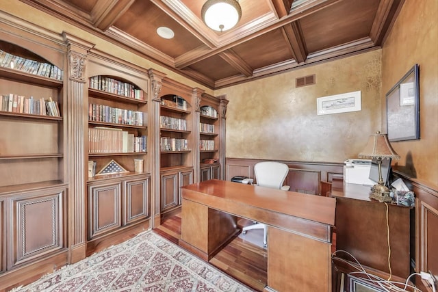 724 Becker Rd, Glenview, IL 60025 - office with ornamental molding, wood finished floors, coffered ceiling, wainscoting, and wooden ceiling with exposed beams