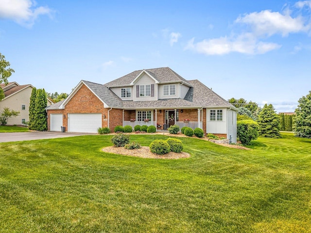 11546 Ridgecrest Dr, Roscoe, IL 61073 - traditional home featuring covered porch, brick siding, an attached garage, asphalt driveway, and a front lawn