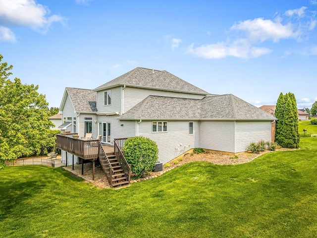 11546 Ridgecrest Dr, Roscoe, IL 61073 - rear view of house featuring a wooden deck, a yard, a shingled roof, and stairs