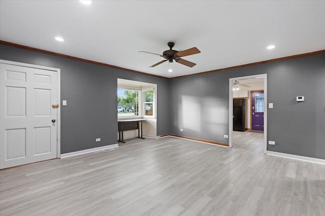 9 Craig Ter, Lake Zurich, IL 60047 - unfurnished living room with ceiling fan, ornamental molding, light wood-type flooring, and recessed lighting