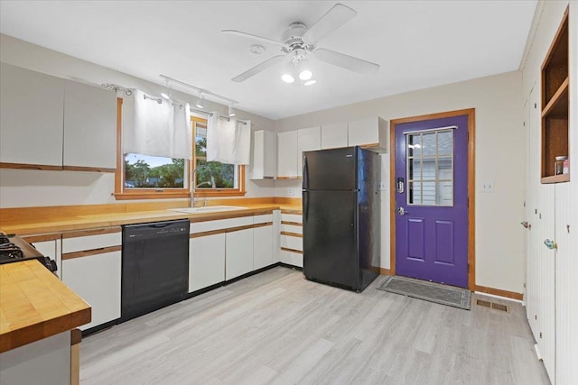 9 Craig Ter, Lake Zurich, IL 60047 - kitchen featuring black appliances, butcher block countertops, light wood-style flooring, white cabinetry, and a ceiling fan