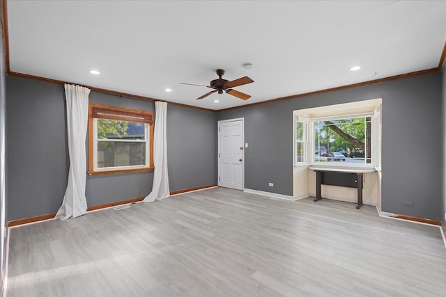 9 Craig Ter, Lake Zurich, IL 60047 - unfurnished living room featuring crown molding, wood finished floors, ceiling fan, and recessed lighting