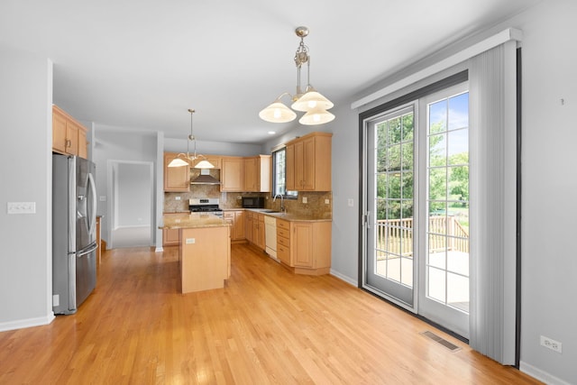 7N001 Ridge Line Rd, Saint Charles, IL 60175 - kitchen featuring stainless steel appliances, ventilation hood, light wood finished floors, tasteful backsplash, and a kitchen island