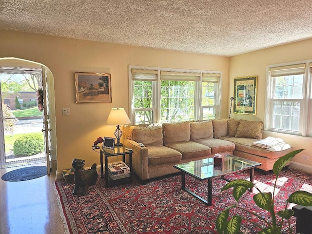 213 W Park Ave, Wheaton, IL 60189 - living room with a textured ceiling, healthy amount of natural light, and arched walkways