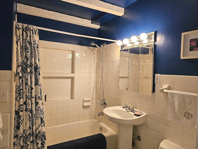 213 W Park Ave, Wheaton, IL 60189 - full bathroom with shower / tub combo with curtain, tile walls, and toilet