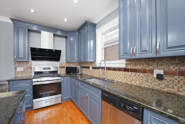 5151 W Fletcher St, Chicago, IL 60641 - kitchen featuring appliances with stainless steel finishes, a sink, ventilation hood, blue cabinets, and ornamental molding