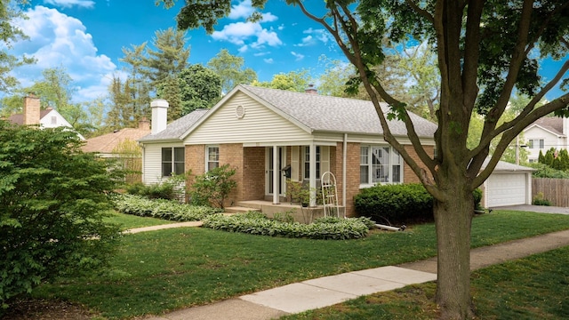 55 S Elmwood Ave, Palatine, IL 60074 - ranch-style house with brick siding, a porch, a garage, roof with shingles, and a chimney