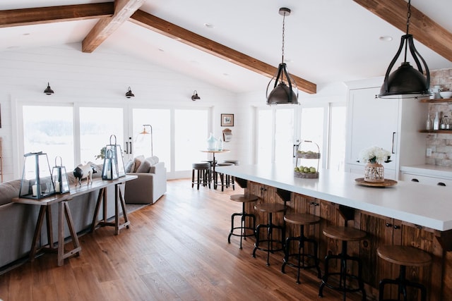 281 Snipe Hollow Rd N, Elizabeth, IL 61028 - kitchen featuring open floor plan, light countertops, wood finished floors, and open shelves