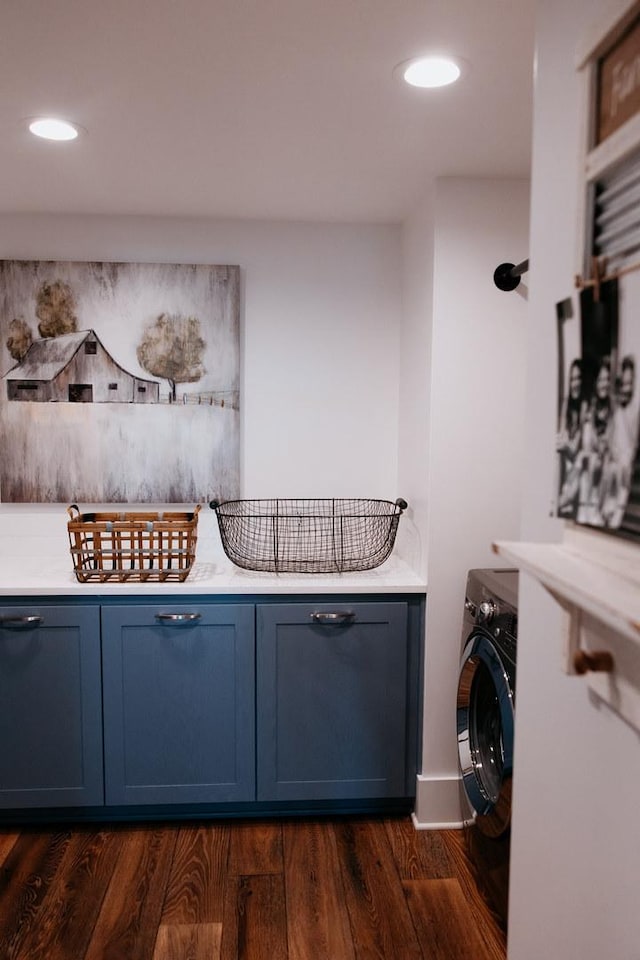 281 Snipe Hollow Rd N, Elizabeth, IL 61028 - laundry area featuring washer / clothes dryer, dark wood-style flooring, cabinet space, and recessed lighting