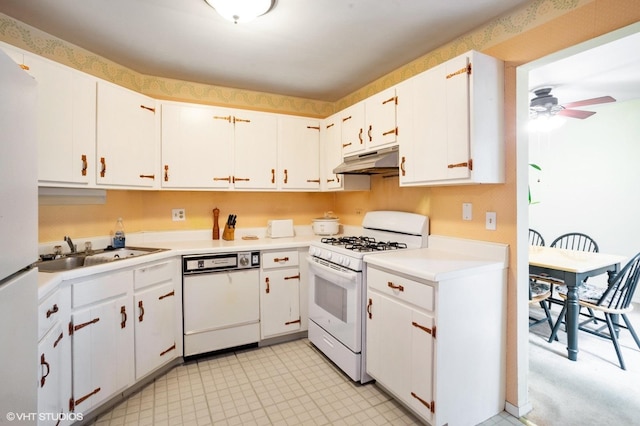 1036 Colony Lake Dr Unit 0, Schaumburg, IL 60194 - kitchen featuring white appliances, under cabinet range hood, white cabinetry, and ceiling fan