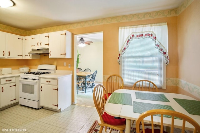 1036 Colony Lake Dr Unit 0, Schaumburg, IL 60194 - kitchen with white gas range oven, under cabinet range hood, light countertops, a ceiling fan, and white cabinetry
