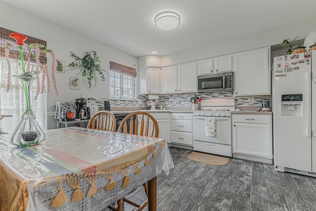 303 Capitol Dr Unit A, Sugar Grove, IL 60554 - kitchen with white appliances, white cabinets, backsplash, and dark wood-type flooring
