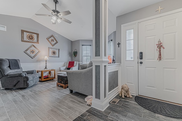 303 Capitol Dr Unit A, Sugar Grove, IL 60554 - entrance foyer featuring vaulted ceiling, wood finish floors, ornate columns, and ceiling fan