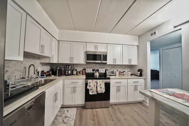 603 S River Rd Unit 2K, Des Plaines, IL 60016 - kitchen featuring appliances with stainless steel finishes, light countertops, tasteful backsplash, and white cabinets