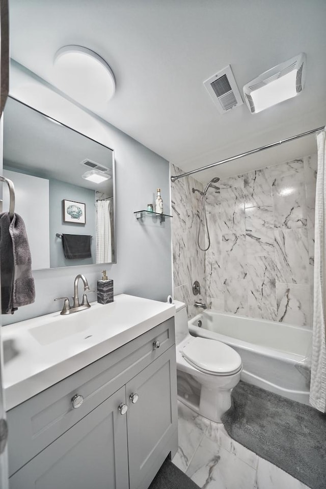 603 S River Rd Unit 2K, Des Plaines, IL 60016 - bathroom with vanity, shower / tub combo with curtain, marble look tile flooring, and toilet