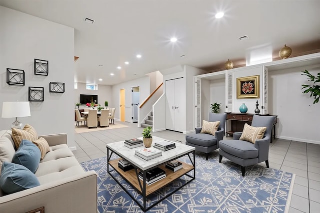 2847 N Wolcott Ave Unit D, Chicago, IL 60657 - tiled living room featuring stairs, recessed lighting, and baseboards