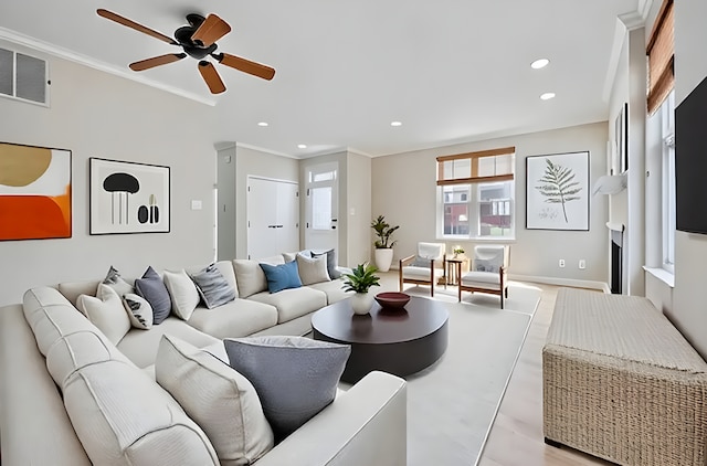 2847 N Wolcott Ave Unit D, Chicago, IL 60657 - living room with a ceiling fan, recessed lighting, ornamental molding, light wood finished floors, and baseboards