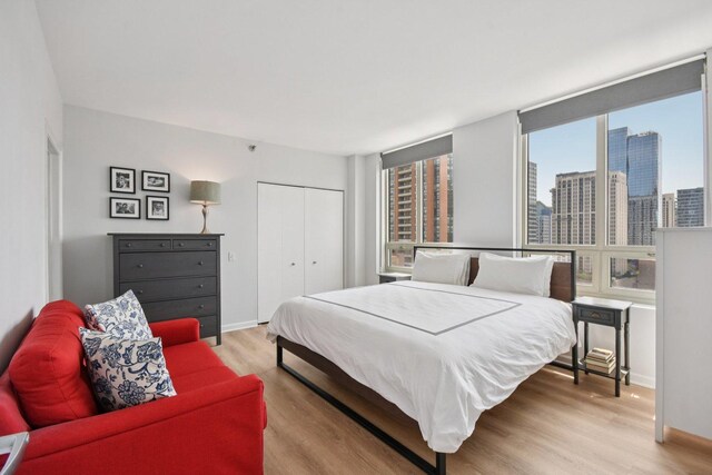 1111 S Wabash Ave Unit 1410, Chicago, IL 60605 - bedroom featuring light wood finished floors, a closet, baseboards, and a view of city