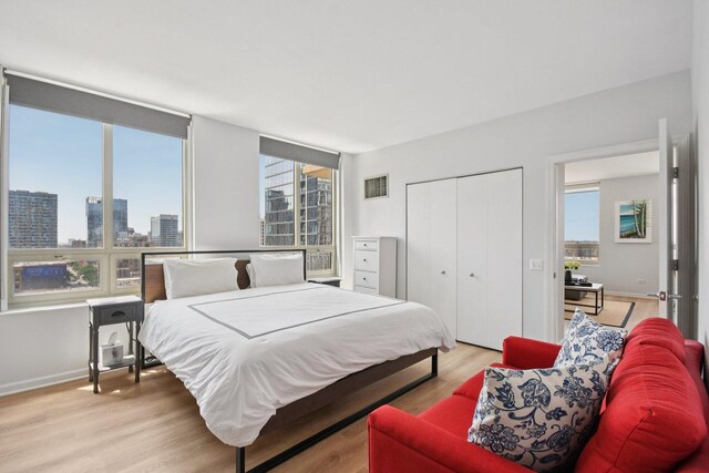 1111 S Wabash Ave Unit 1410, Chicago, IL 60605 - bedroom with light wood-style floors, a closet, baseboards, and a city view