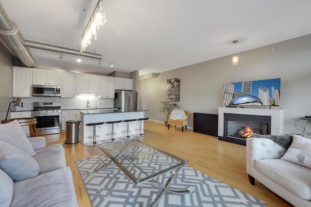 1200 W Monroe St Unit 514, Chicago, IL 60607 - living area featuring light wood finished floors, a lit fireplace, and baseboards