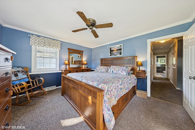 3S180 Cypress Dr, Glen Ellyn, IL 60137 - bedroom featuring dark carpet, ornamental molding, ceiling fan, and baseboards