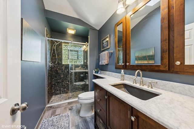 3S180 Cypress Dr, Glen Ellyn, IL 60137 - bathroom with toilet, vanity, lofted ceiling, a shower stall, and wood finished floors