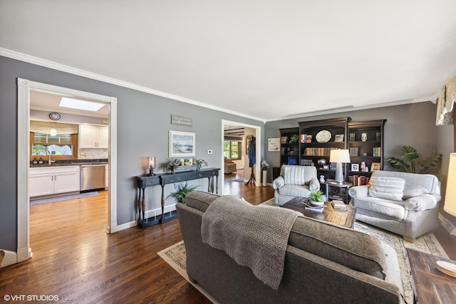 3S180 Cypress Dr, Glen Ellyn, IL 60137 - living room featuring ornamental molding, wood finished floors, and baseboards