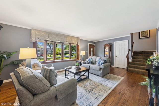 3S180 Cypress Dr, Glen Ellyn, IL 60137 - living area featuring stairs, ornamental molding, dark wood finished floors, and baseboards