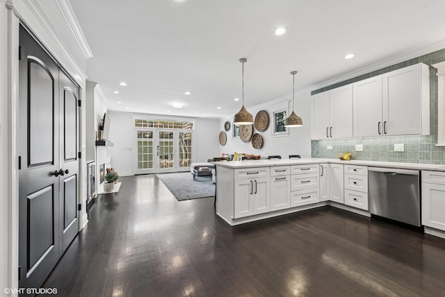 1959 W Berwyn Ave, Chicago, IL 60640 - kitchen featuring stainless steel dishwasher, open floor plan, ornamental molding, a peninsula, and dark wood-type flooring