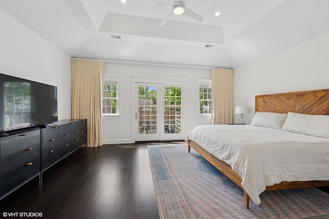 1959 W Berwyn Ave, Chicago, IL 60640 - bedroom featuring access to exterior, a raised ceiling, dark wood-type flooring, a ceiling fan, and recessed lighting