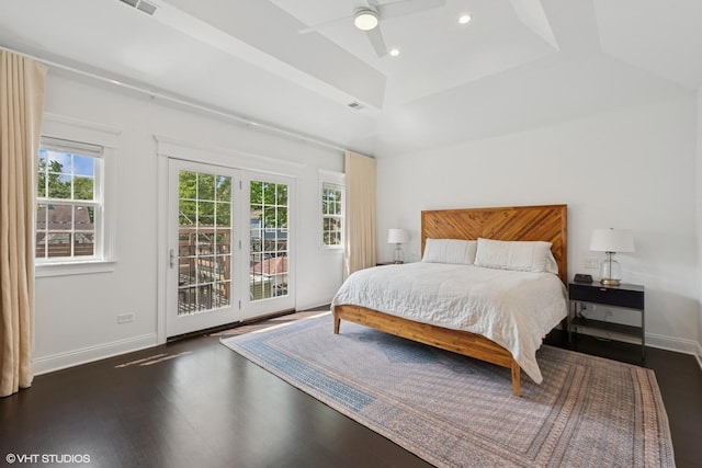 1959 W Berwyn Ave, Chicago, IL 60640 - bedroom featuring access to outside, wood finished floors, a tray ceiling, recessed lighting, and ceiling fan